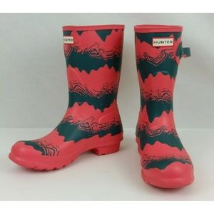 Hunter Original Short Storm Stripe Boots Bright Pink Size 9.